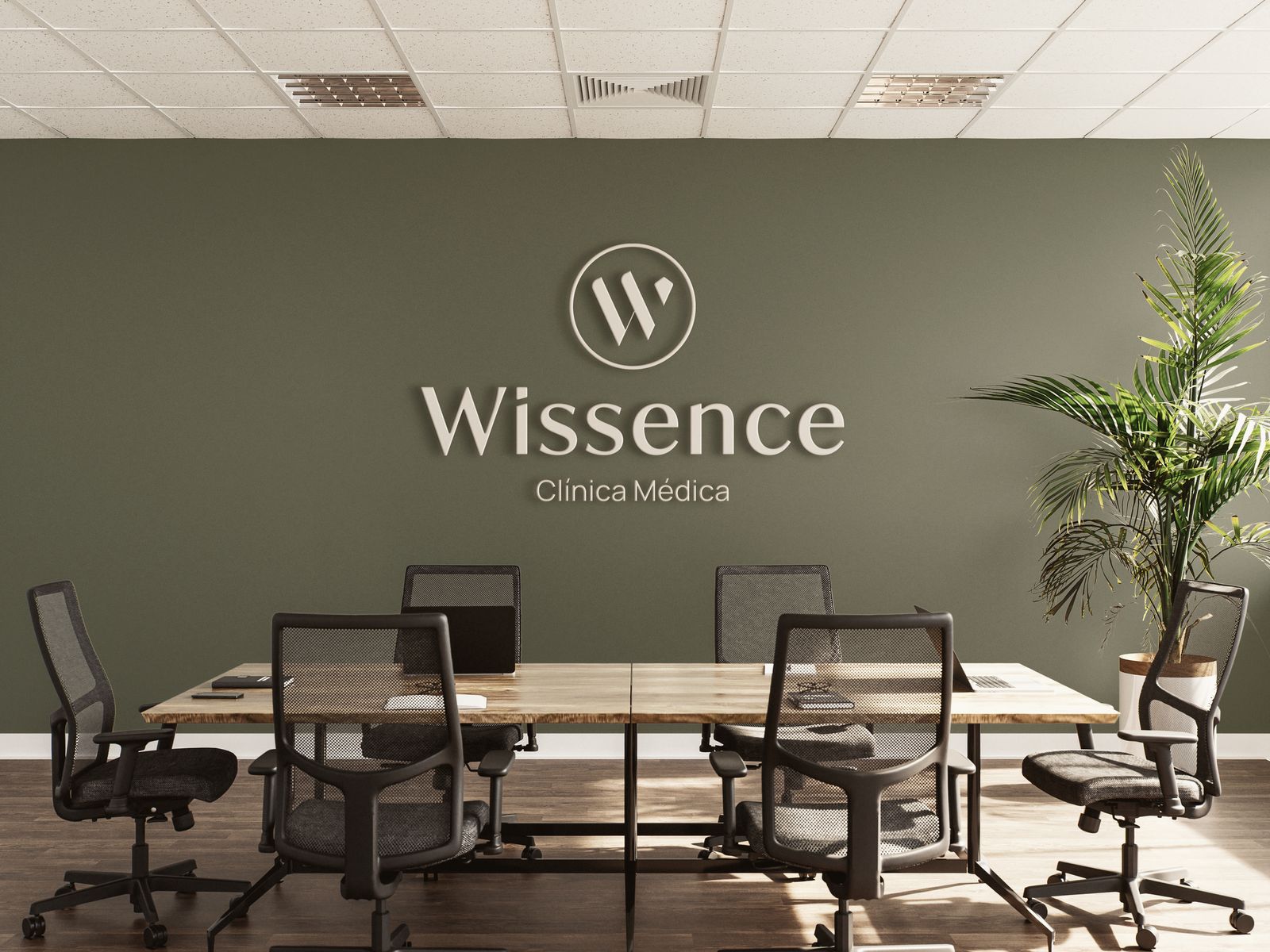 Sala com a marca Wissence aplicada na parede