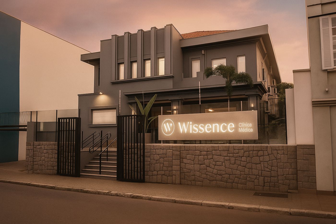 Fachada da Clínica Wissence ao anoitecer, com a sinalização iluminada
